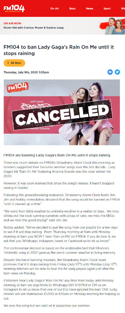 爱尔兰电台禁播RainOnMe，看看这样做是否会停止下雨